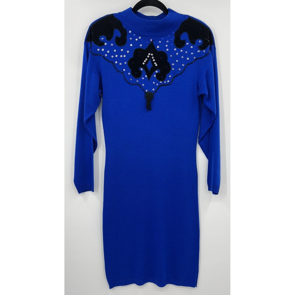Vintage A'Milano Small Royal Blue Beaded Dolman Sleeve Sweater Dress Sequins